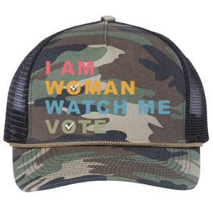 I Am Woman Watch Me Vote For Kamala Harris President 2024 Retro Rope Trucker Hat Cap