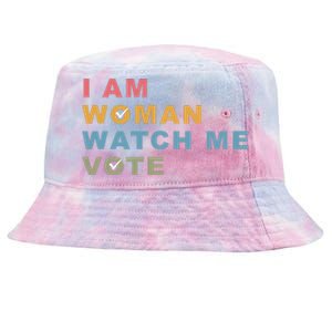 I Am Woman Watch Me Vote For Kamala Harris President 2024 Tie-Dyed Bucket Hat