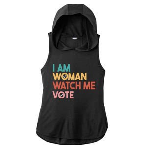 I Am Woman Watch Me Vote Ladies PosiCharge Tri-Blend Wicking Draft Hoodie Tank