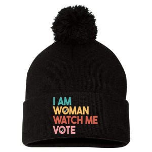 I Am Woman Watch Me Vote Pom Pom 12in Knit Beanie