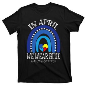 In April We Wear Blue Autism Awareness Puzzle Rainbow Heart T-Shirt