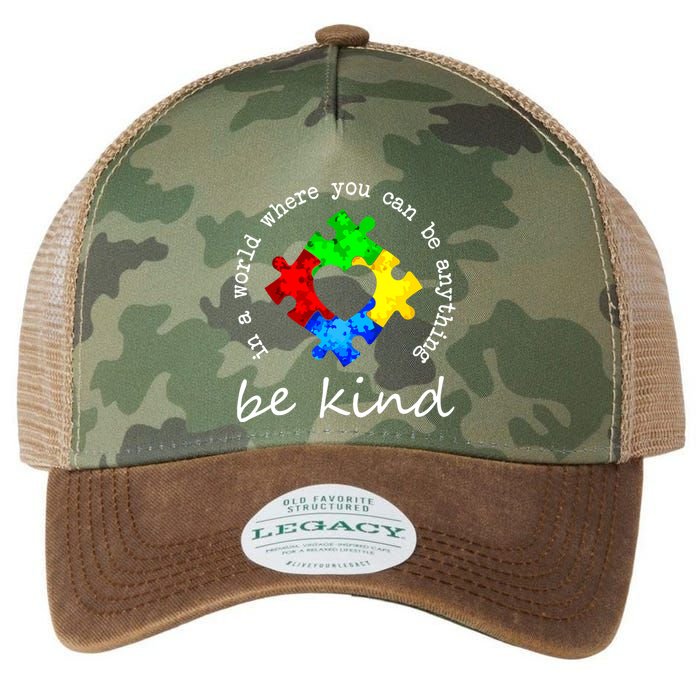 In A World Where You Can Be Anything Be Kind Autism Puzzle Legacy Tie Dye Trucker Hat