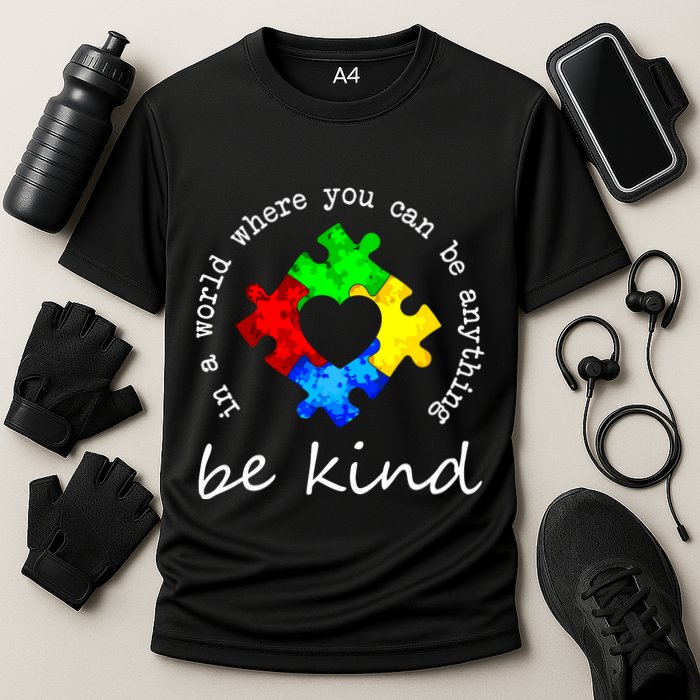 In A World Where You Can Be Anything Be Kind Autism Puzzle Performance Shirt