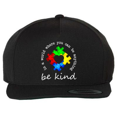 In A World Where You Can Be Anything Be Kind Autism Puzzle Wool Snapback Cap