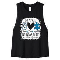 In April We Wear Blue For Autism Awareness Peace Love Autism Women's Racerback Cropped Tank