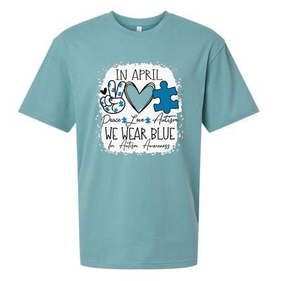 In April We Wear Blue For Autism Awareness Peace Love Autism Sueded Cloud Jersey T-Shirt