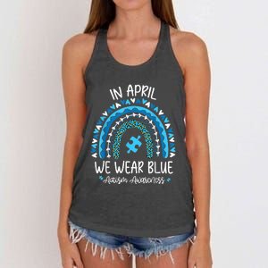 In April We Wear Blue Rainbow Autism Awareness Month Shirt Women's Knotted Racerback Tank