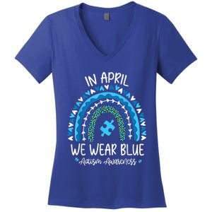 In April We Wear Blue Rainbow Autism Awareness Month Shirt Women's V-Neck T-Shirt