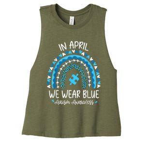 In April We Wear Blue Rainbow Autism Awareness Month Shirt Women's Racerback Cropped Tank