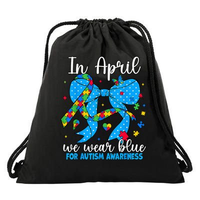 In April We Wear Blue Autism Awareness Coquette Bow Puzzle Drawstring Bag