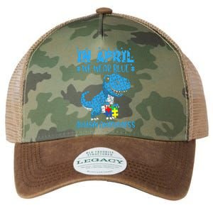 In April We Wear Blue Autism Awareness Month Dinosaur Trex Legacy Tie Dye Trucker Hat