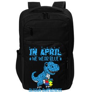 In April We Wear Blue Autism Awareness Month Dinosaur Trex Impact Tech Backpack