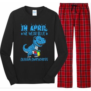 In April We Wear Blue Autism Awareness Month Dinosaur Trex Long Sleeve Pajama Set