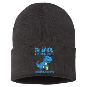 In April We Wear Blue Autism Awareness Month Dinosaur Trex Sustainable Knit Beanie