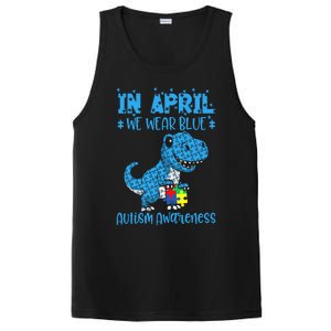 In April We Wear Blue Autism Awareness Month Dinosaur Trex PosiCharge Competitor Tank