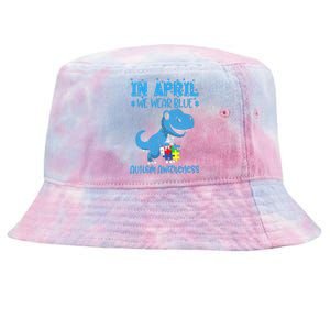 In April We Wear Blue Autism Awareness Month Dinosaur Trex Tie-Dyed Bucket Hat