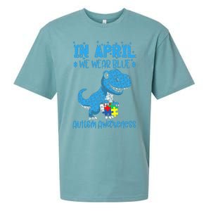 In April We Wear Blue Autism Awareness Month Dinosaur Trex Sueded Cloud Jersey T-Shirt