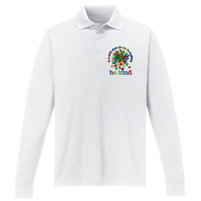 In A World Where You Can Be Anything Be Kind Autism Awareness Performance Long Sleeve Polo