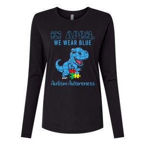 In April We Wear Blue Autism Awareness Month Dinosaur Trex Womens Cotton Relaxed Long Sleeve T-Shirt