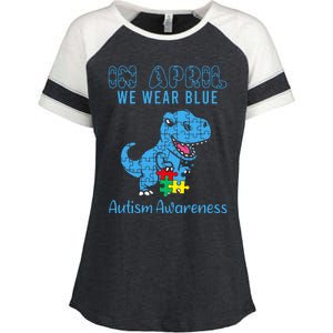 In April We Wear Blue Autism Awareness Month Dinosaur Trex Enza Ladies Jersey Colorblock Tee