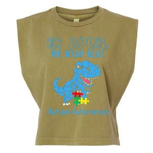 In April We Wear Blue Autism Awareness Month Dinosaur Trex Garment-Dyed Women's Muscle Tee