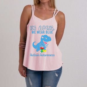 In April We Wear Blue Autism Awareness Month Dinosaur Trex Women's Strappy Tank