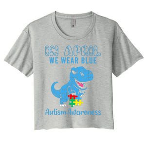 In April We Wear Blue Autism Awareness Month Dinosaur Trex Women's Crop Top Tee