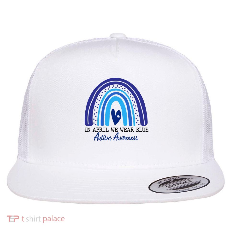 In April We Wear Blue Autism Awareness Flat Bill Trucker Hat
