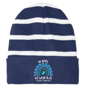 In April We Wear Blue Rainbow Autism Awareness Month Striped Beanie with Solid Band