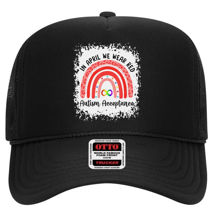 In April Wear Red Instead Autism Acceptance High Crown Mesh Back Trucker Hat