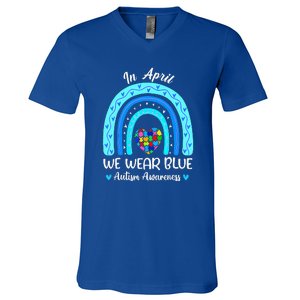 In April We Wear Blue Autism Awareness Month Puzzle Rainbow V-Neck T-Shirt