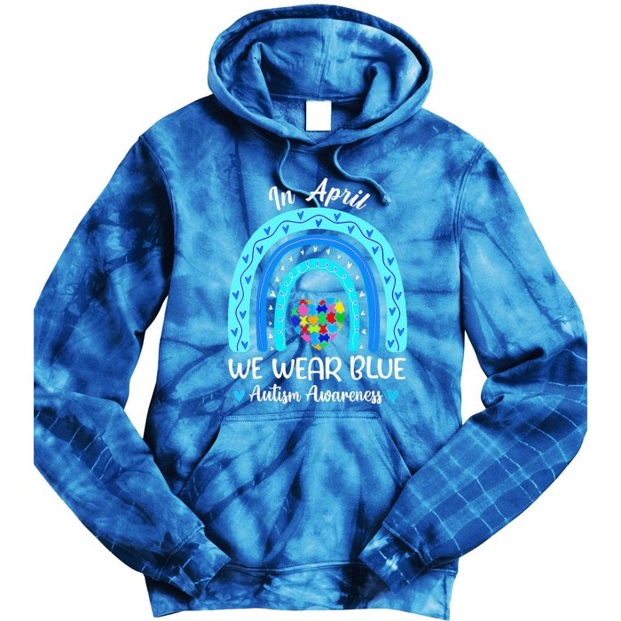 In April We Wear Blue Autism Awareness Month Puzzle Rainbow Tie Dye Hoodie