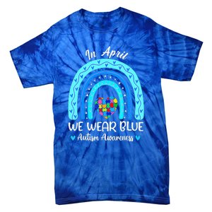 In April We Wear Blue Autism Awareness Month Puzzle Rainbow Tie-Dye T-Shirt