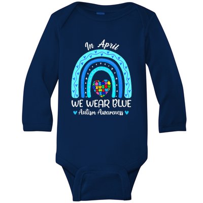 In April We Wear Blue Autism Awareness Month Puzzle Rainbow Baby Long Sleeve Bodysuit