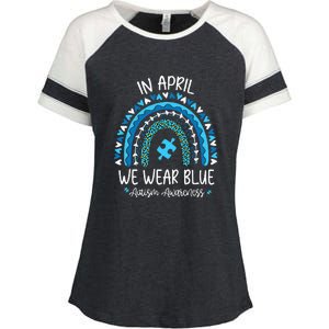 In April We Wear Blue Rainbow Autism Awareness Month Enza Ladies Jersey Colorblock Tee