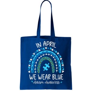 In April We Wear Blue Rainbow Autism Awareness Month Tote Bag