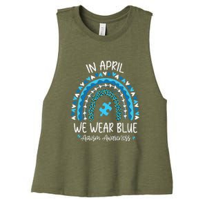 In April We Wear Blue Rainbow Autism Awareness Month Women's Racerback Cropped Tank