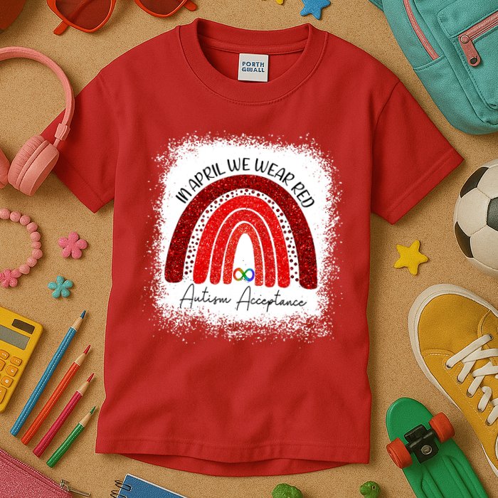 In April We Wear Red Autism Acceptance Kids T-Shirt