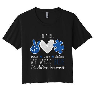 In April We Wear Blue For Autism Peace Love Crop Top