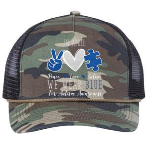 In April We Wear Blue For Autism Peace Love Retro Rope Trucker Hat Cap