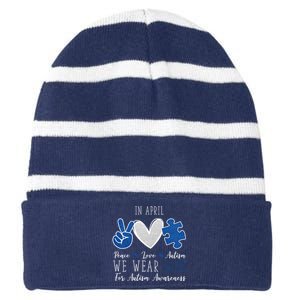 In April We Wear Blue For Autism Peace Love Striped Beanie with Solid Band