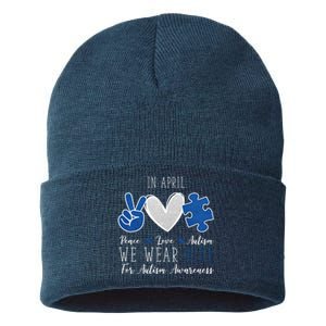 In April We Wear Blue For Autism Peace Love Sustainable Knit Beanie