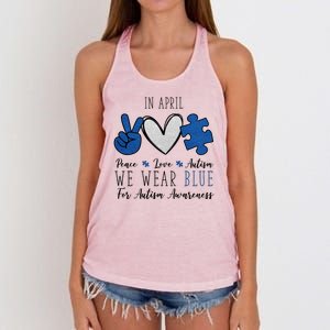 In April We Wear Blue For Autism Peace Love Women's Knotted Racerback Tank