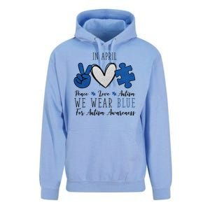 In April We Wear Blue For Autism Peace Love Unisex Surf Hoodie