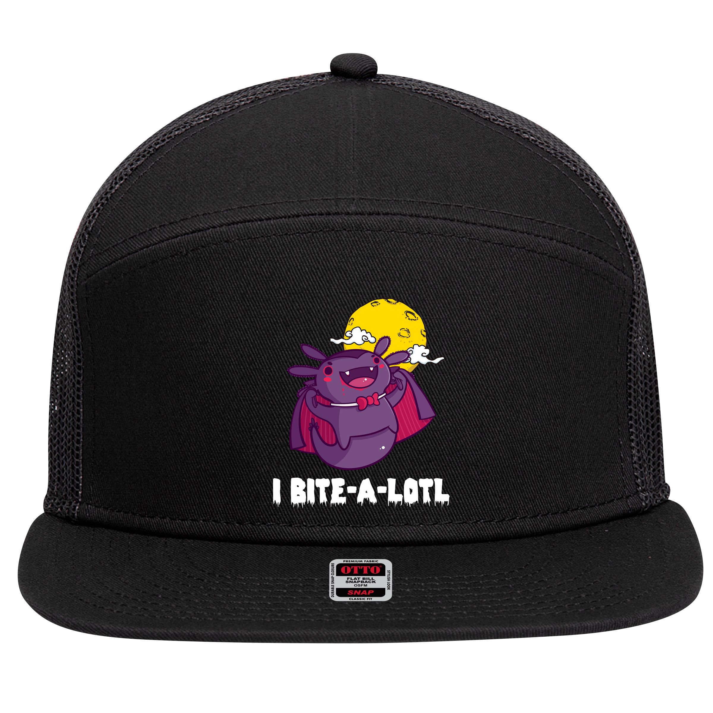 I Bite A Lot Axolotl Funny Halloween Vampire 7 Panel Mesh Trucker Snapback Hat