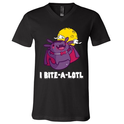 I Bite A Lot Axolotl Funny Halloween Vampire V-Neck T-Shirt
