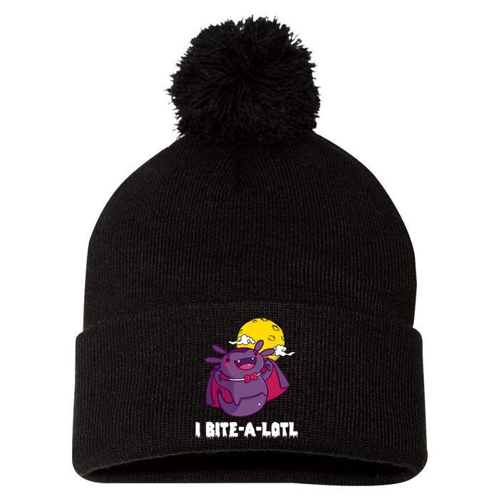 I Bite A Lot Axolotl Funny Halloween Vampire Pom Pom 12in Knit Beanie