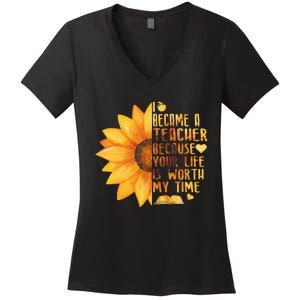 I Became A Teacher Sunflower Teaching School Women's V-Neck T-Shirt