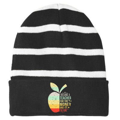 I Became A Teacher For The Money And The Fame Teacher Gift Striped Beanie with Solid Band