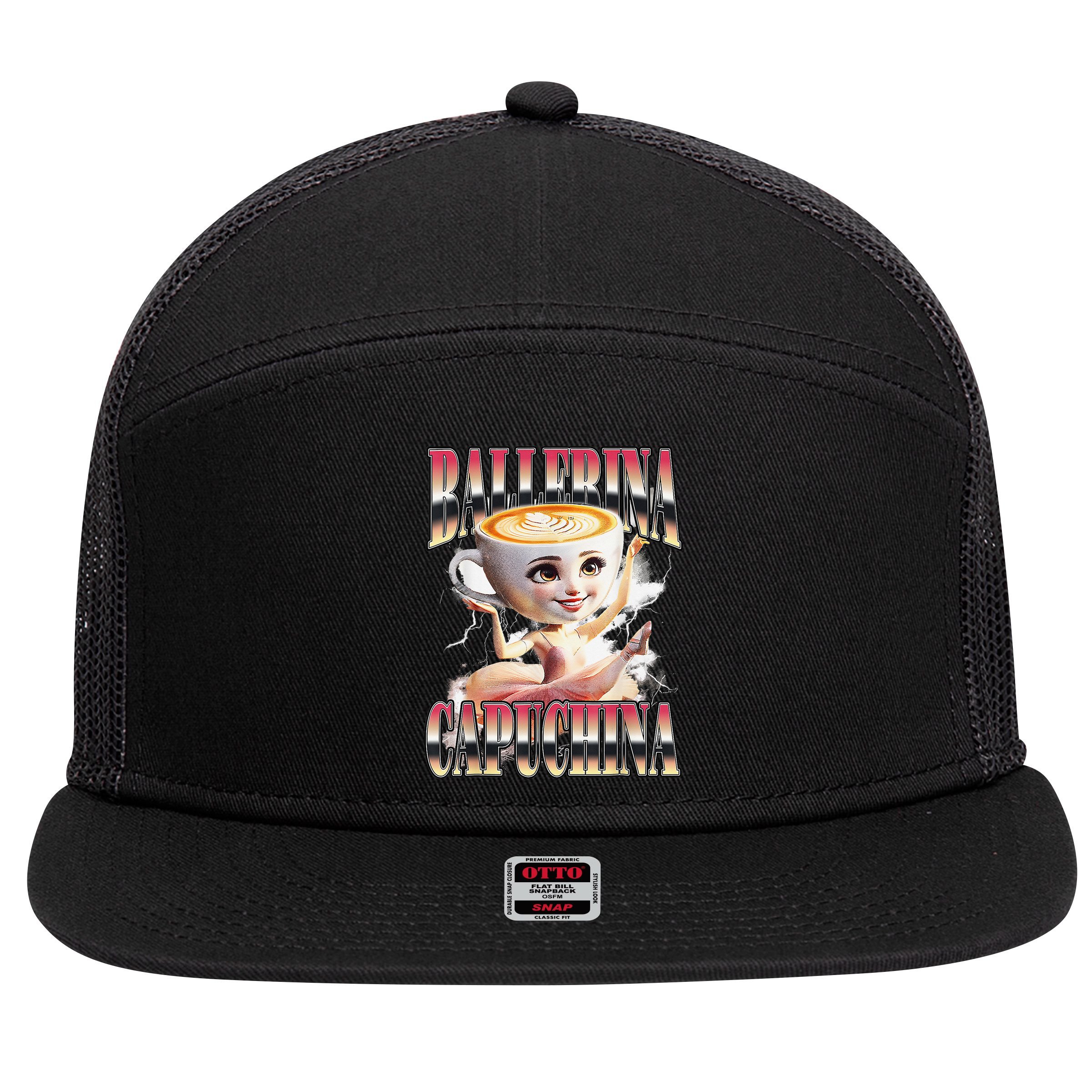 Italian Brainrot Ballerina Cappuccina Ballerina Cappuccino 7 Panel Mesh Trucker Snapback Hat